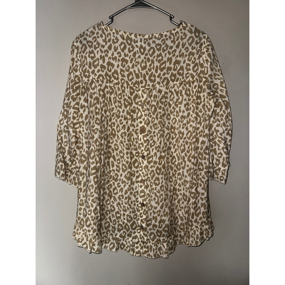 Multiples Leopard Print Ruffle Hem Button Back Top Tan White Small - Picture 4 of 6